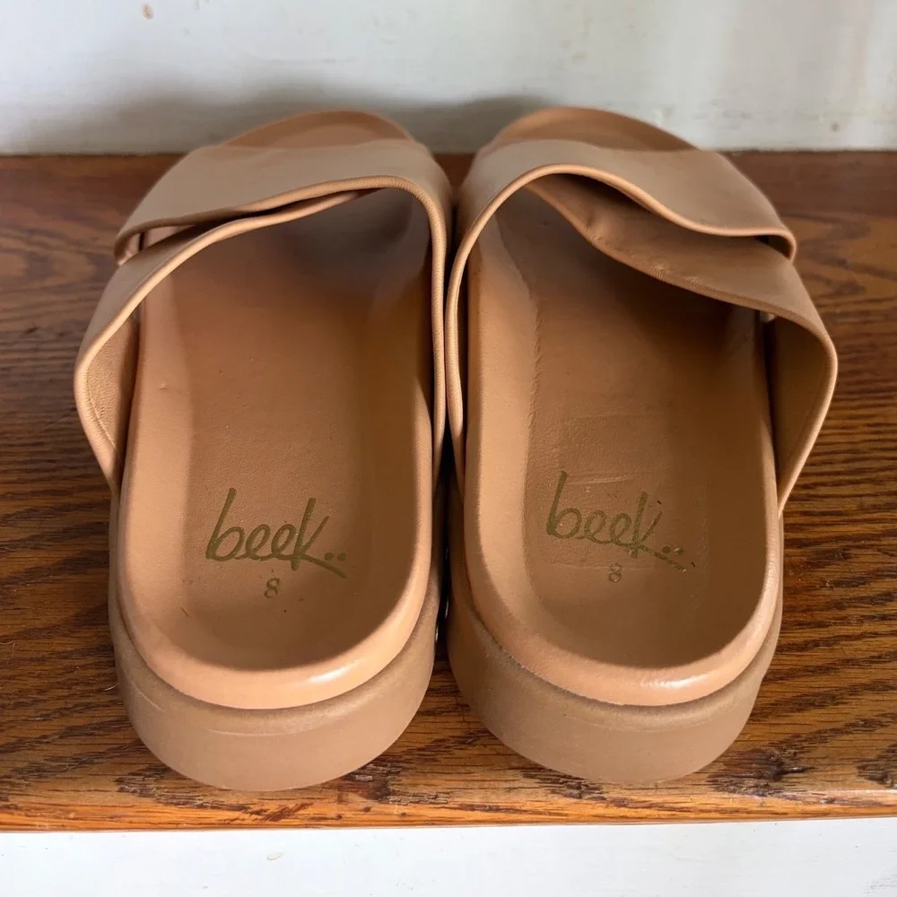 Beek Finch Tan Leather Platform Criss Cross‎ Slide Sandals Womens 8